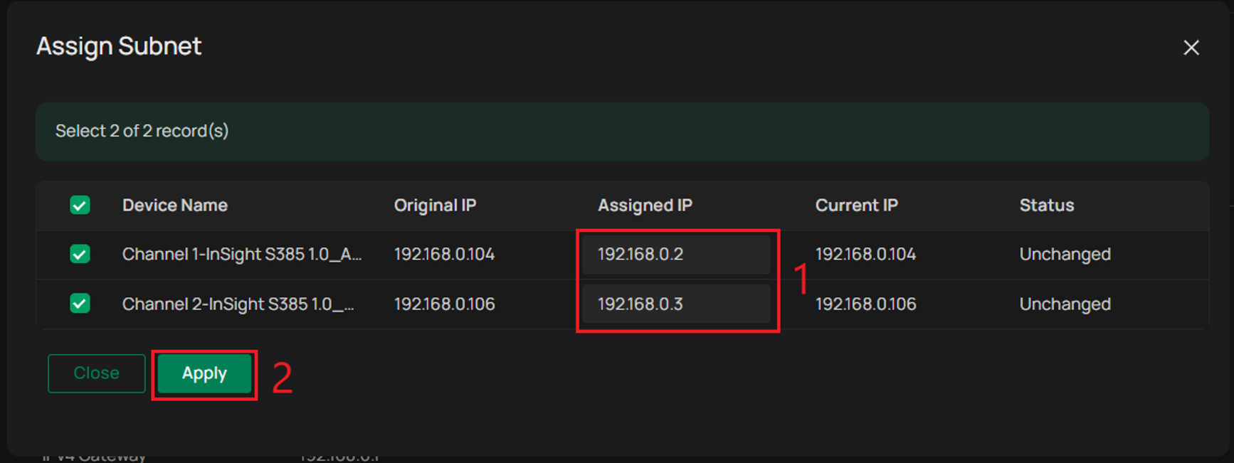 VIGI NVR WebUI Assign Subnet window showing assigned IP addresses and the Apply button.