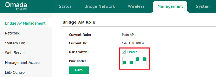 Sector Bridge 5 Bridge AP Management page showing Main AP role, IP address, and Pairing DIP Switch settings.