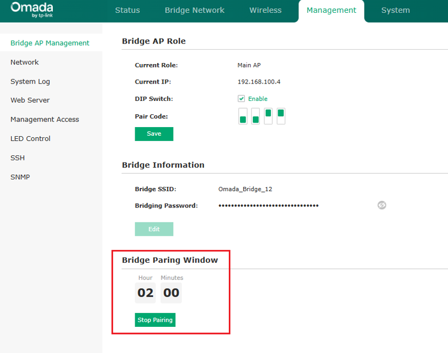 Sector Bridge 5 Bridge AP Management page showing wireless bridge settings and Bridge Pairing Window.