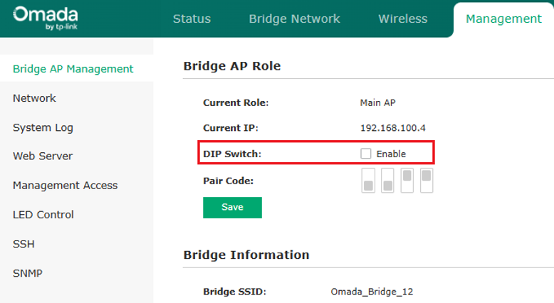 Sector Bridge 5 Bridge AP Management page showing Main AP role, IP address, and DIP Switch disabled.