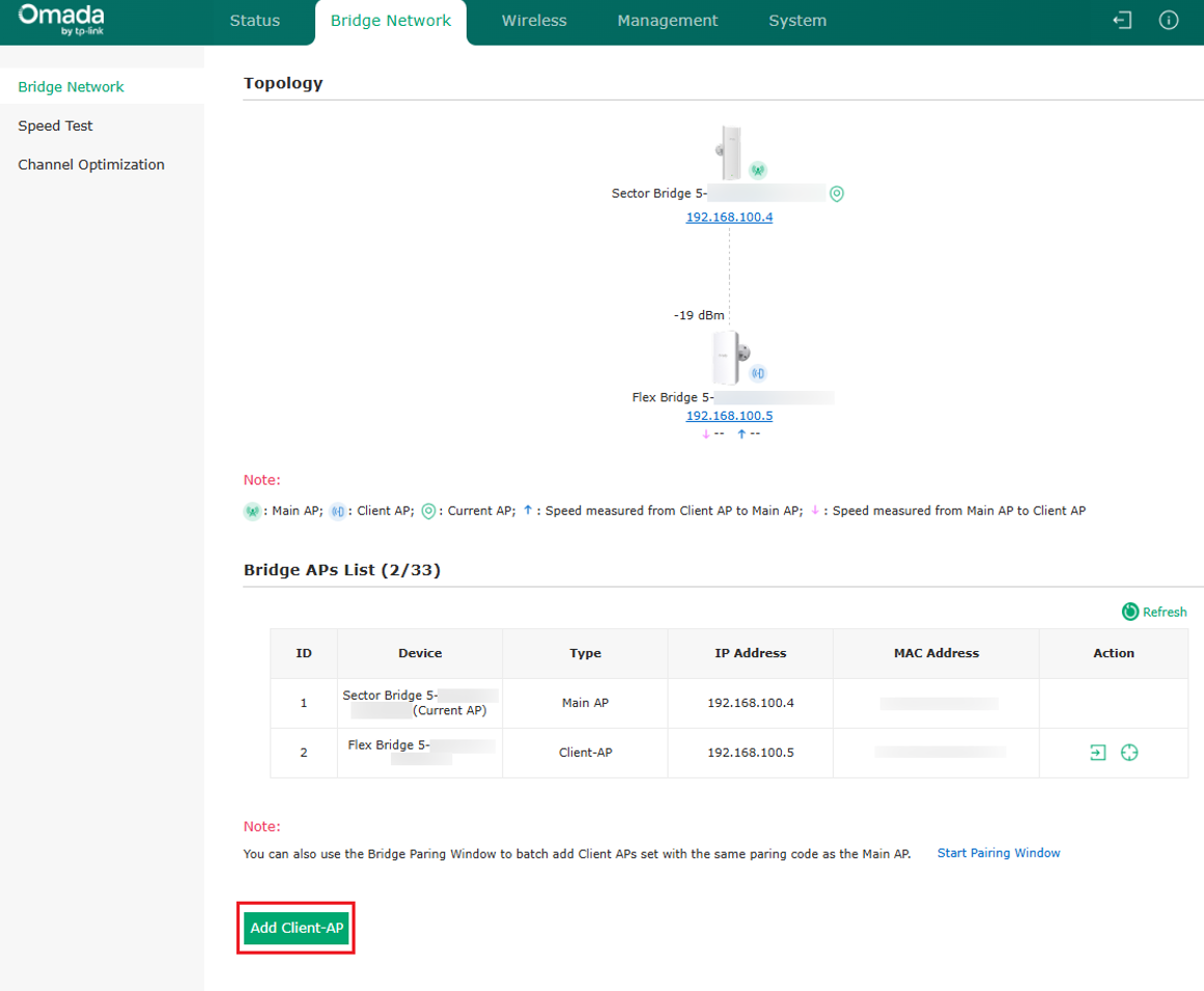 Bridge network management page showing topology, speed test results, and options to add client APs.