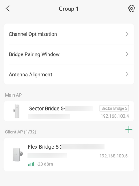 Omada App bridge network page showing channel optimization, pairing, antenna alignment, and AP settings.