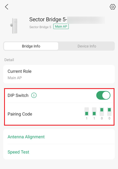 Omada App interface showing Sector Bridge 5 bridge settings, DIP Switch, Pairing Code, and antenna alignment.