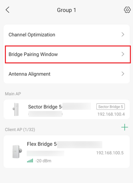 Group interface for bridge pairing on Omada App for Group 1, highlighting the "Bridge Pairing Window" option in a red box.