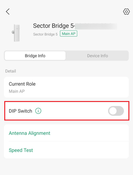 Omada App Bridge Info page showing Sector Bridge 5 Main AP role, DIP Switch, and antenna settings.