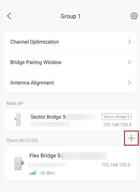 Omada App network list showing a Sector Bridge 5 Main AP and Flex Bridge 5 Client AP with -18 dBm signal.