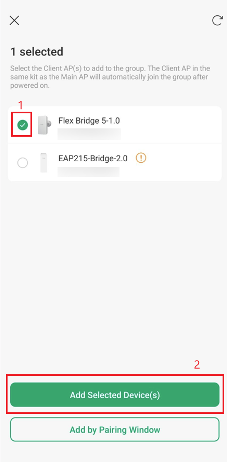 Omada App Client AP selection screen showing Flex Bridge 5 selected and Add Selected Device(s) option.
