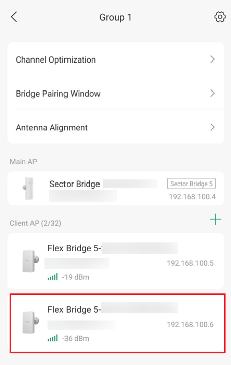 Omada App Group 1 bridge network showing a Sector Bridge 5 Main AP and two Flex Bridge 5 Client APs.
