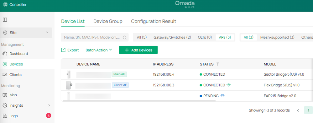Omada Controller Device List showing three access points with status, IP addresses, and model details.