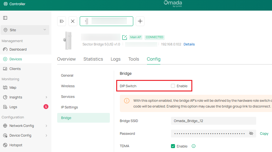 Omada Controller Bridge settings showing Sector Bridge 5 Main AP with DIP Switch disabled.