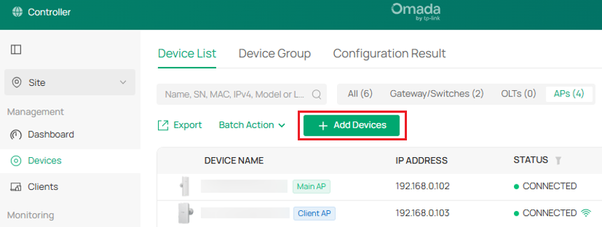Omada Controller Device List showing connected bridge APs and the Add Devices option.