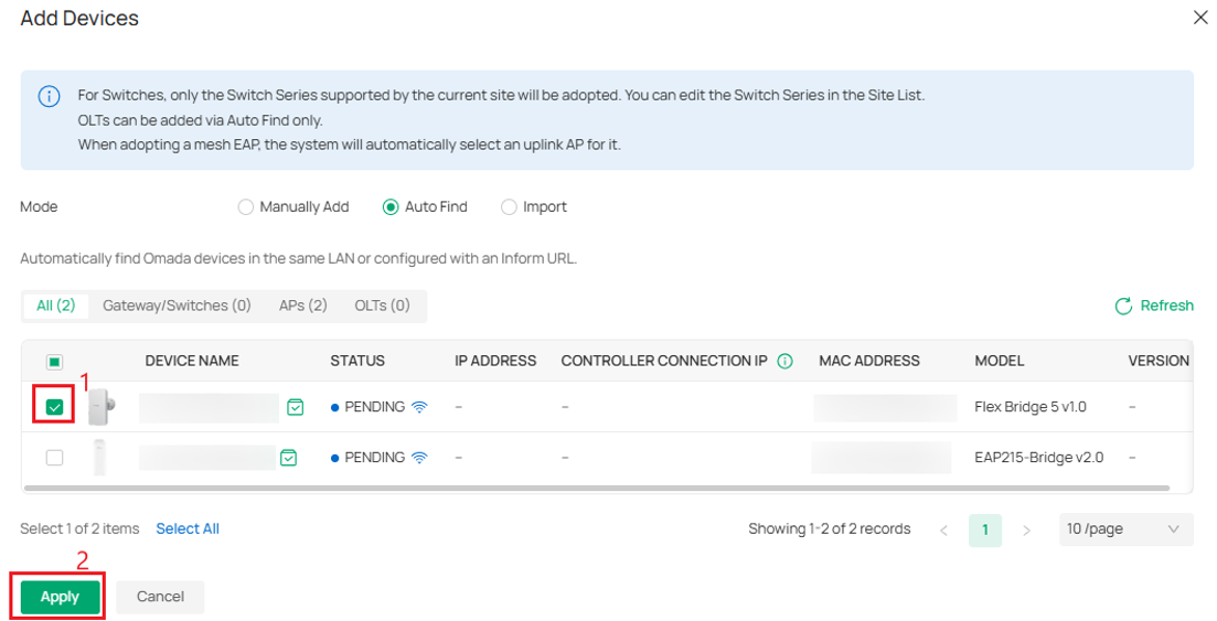  Add Devices window showing Flex Bridge 5 selected and Apply option for bridge network adoption.