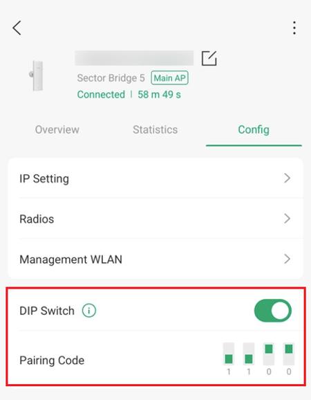 Interface on Omada App showing a bridge configuration for Sector Bridge 5, including settings for AP and DIP Switch.