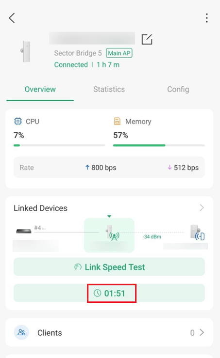 Omada App overview showing Sector Bridge 5 Main AP and active Bridge Pairing Window timer.