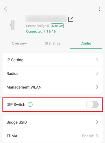 Config tab for a Sector Bridge 5 Main AP device, highlighting the disabled DIP Switch toggle.