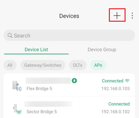 Omada App AP Device List showing connected bridge APs and the Add Device (+) option.