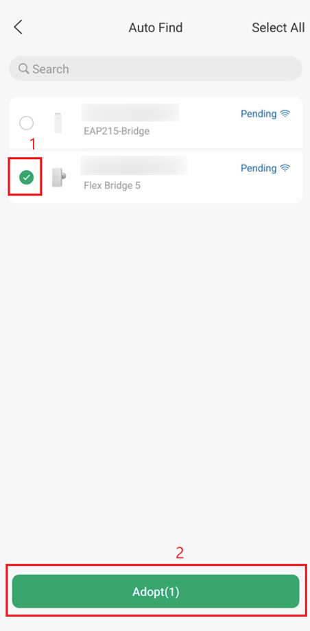 Omada App Auto Find screen showing Flex Bridge 5 selected and Adopt option for bridge network setup.