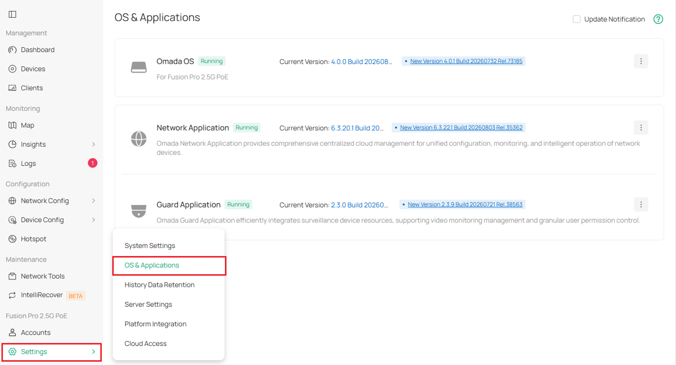 The OS & Application page showing Omada OS, Network, and Guard on the Fusion Pro Gateway.