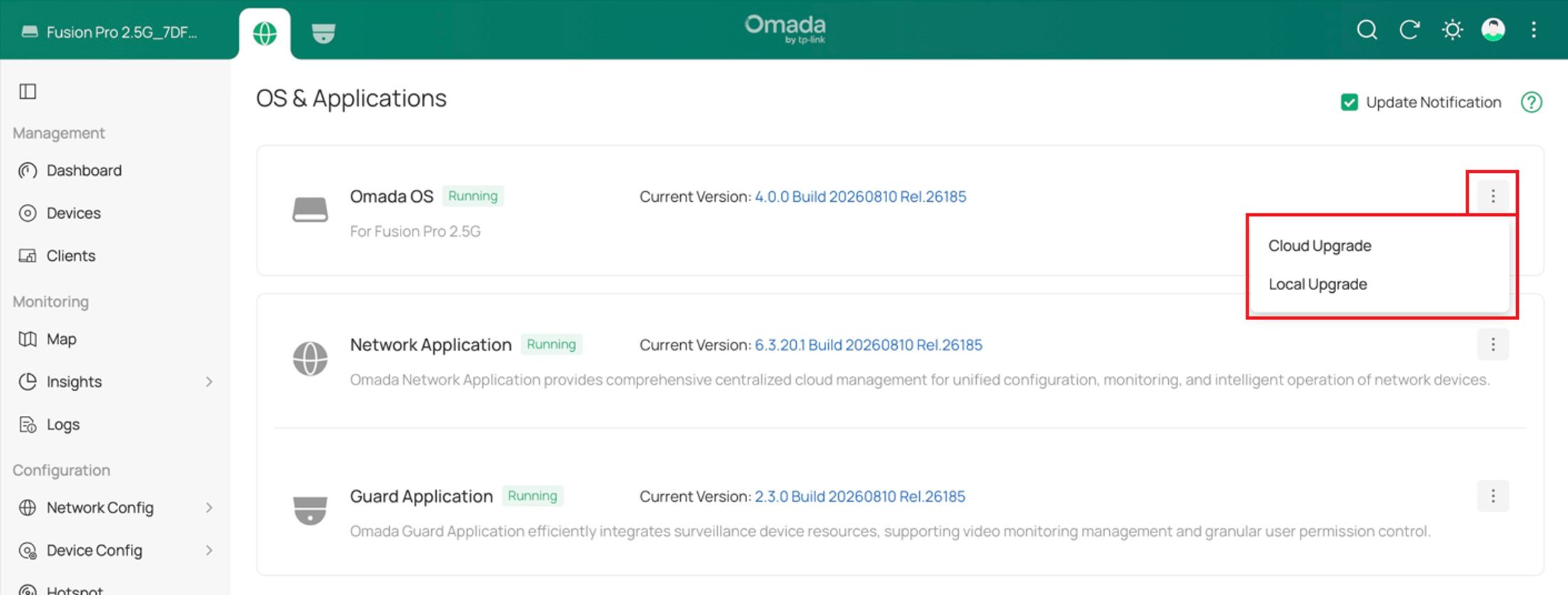 The update menu showing the Cloud Upgrade and Local Upgrade options for a system.