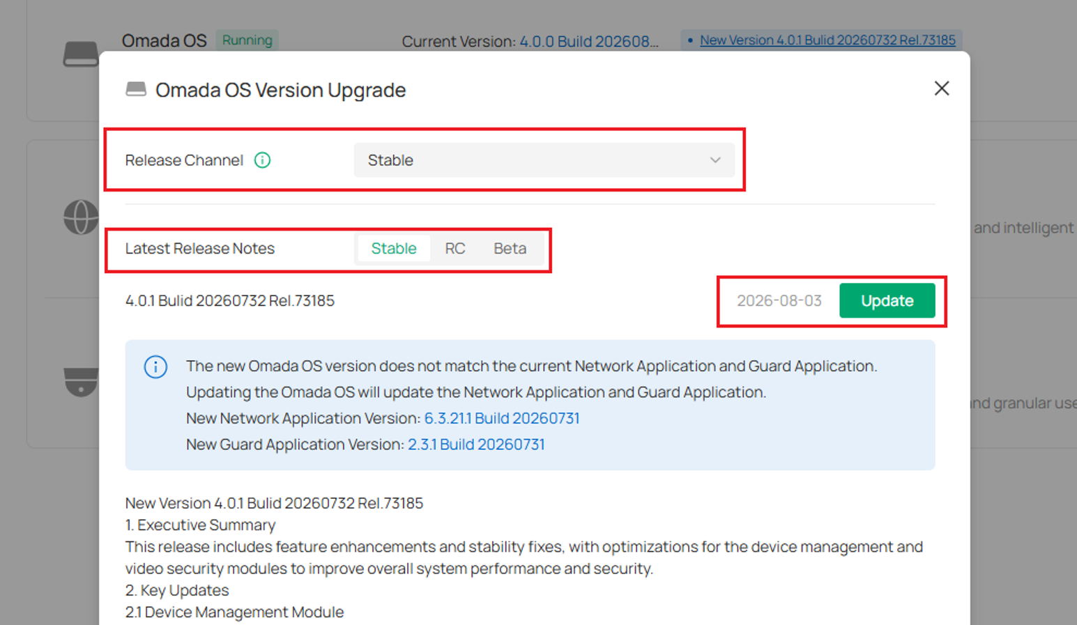The Cloud Upgrade window showing the Stable, RC, and Beta release channel options.