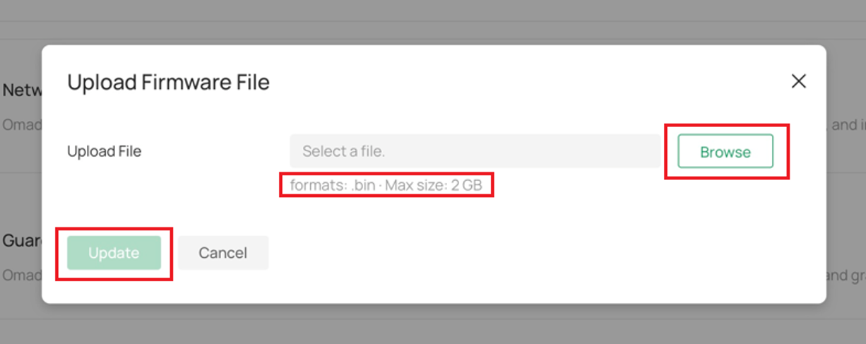 The Local Upgrade window for selecting and uploading a firmware file.