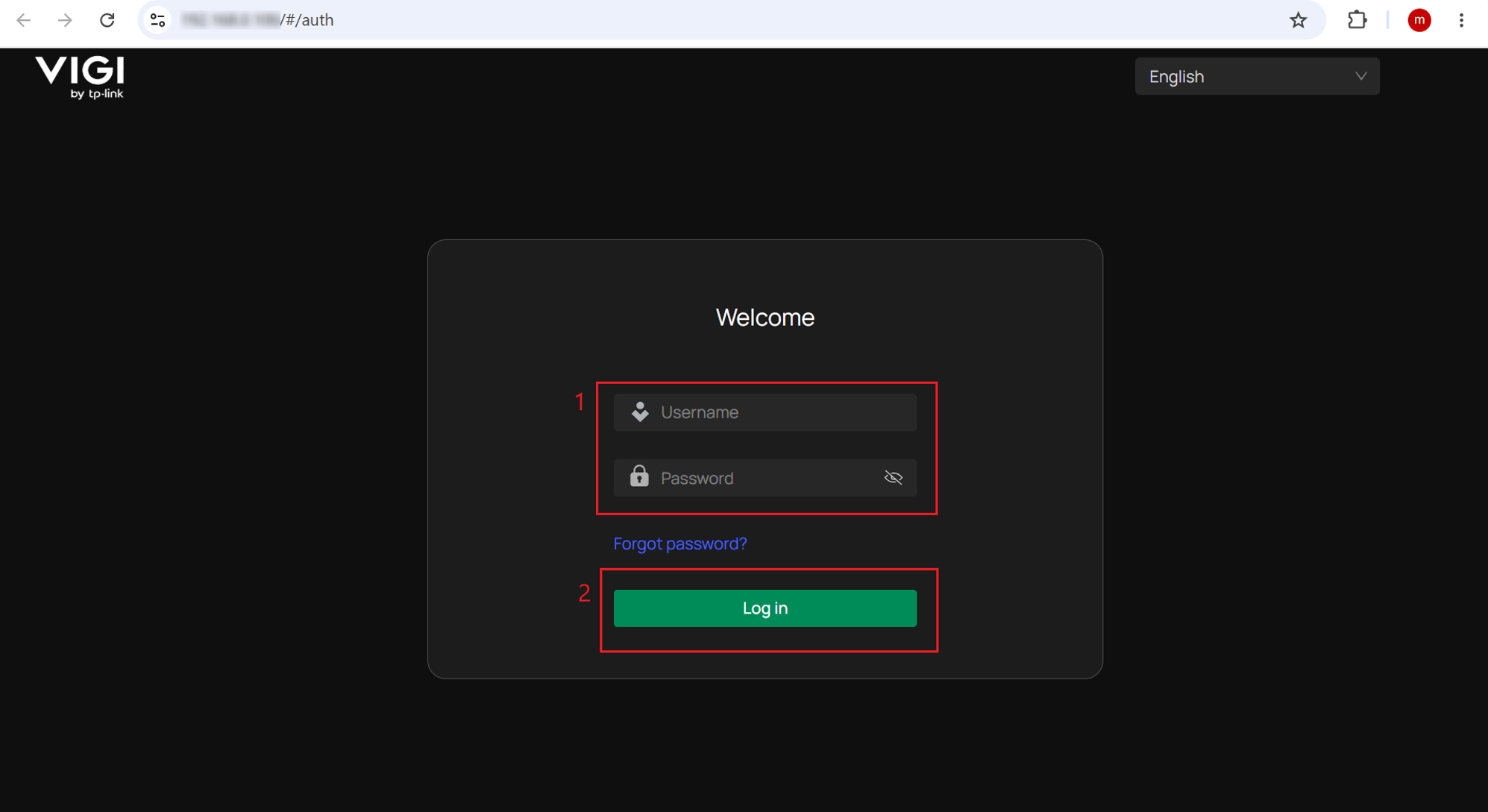VIGI camera web login page with the username and password fields and Log In button highlighted.