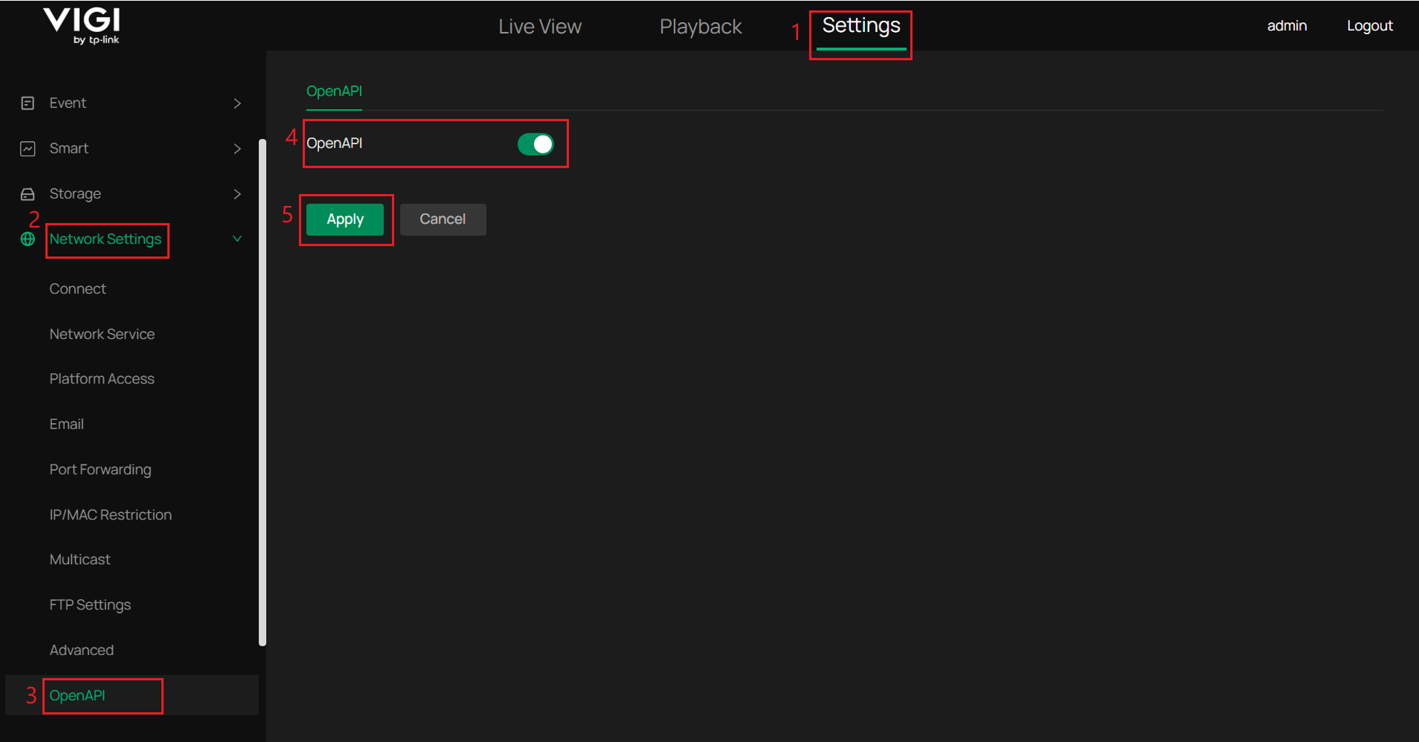 VIGI camera OpenAPI settings page with OpenAPI enabled and the Apply button highlighted.