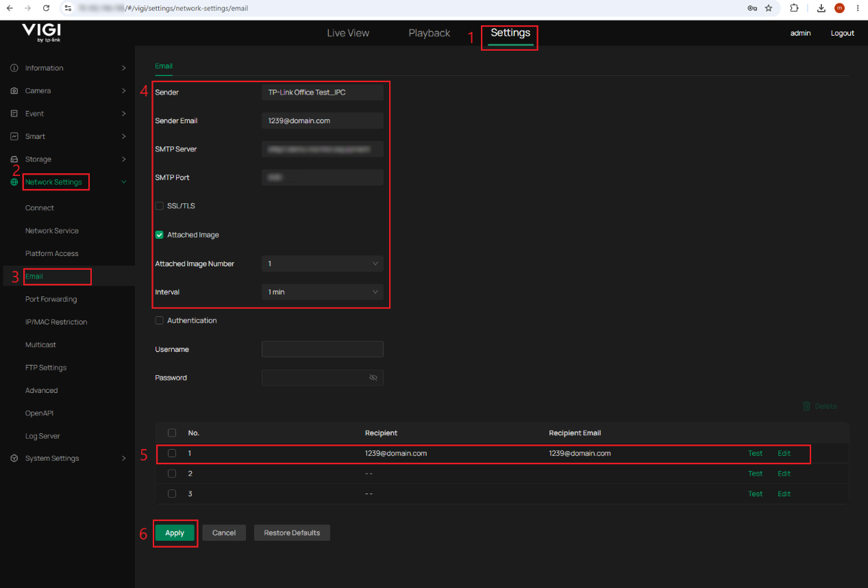 VIGI camera email settings page showing SMTP, sender email, attached image, recipient, and Apply settings.