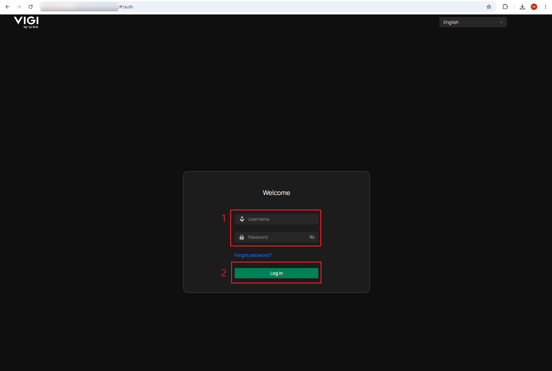 VIGI NVR web login page with the username and password fields and Log In button highlighted.