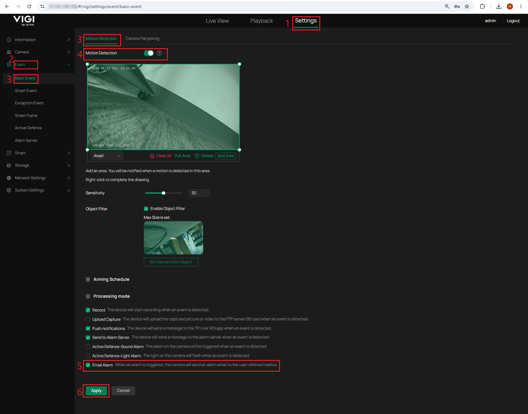 VIGI Motion Detection page with Motion Detection and Email Alarm enabled.