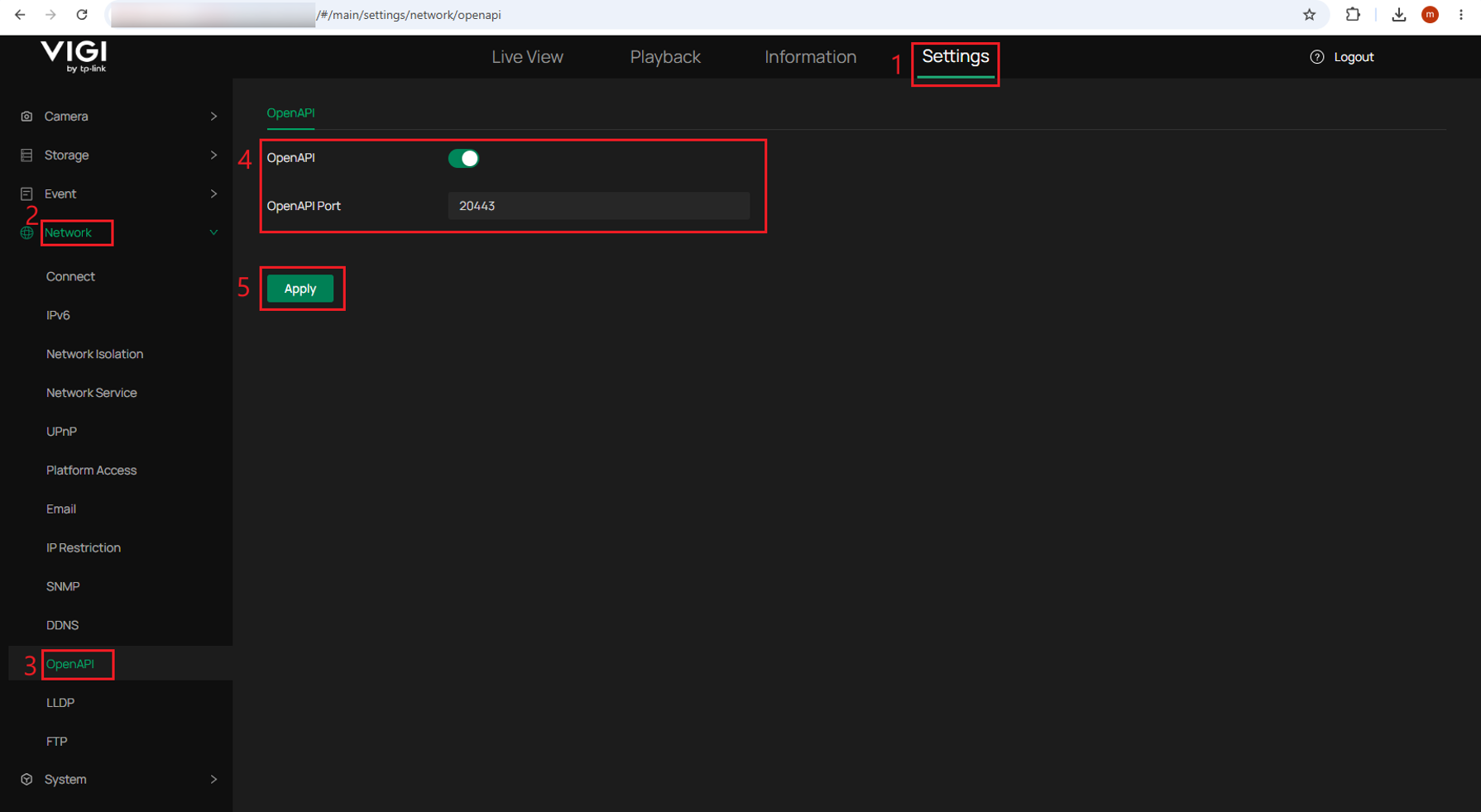 VIGI NVR OpenAPI settings page with OpenAPI enabled, port 20443 shown, and Apply highlighted.