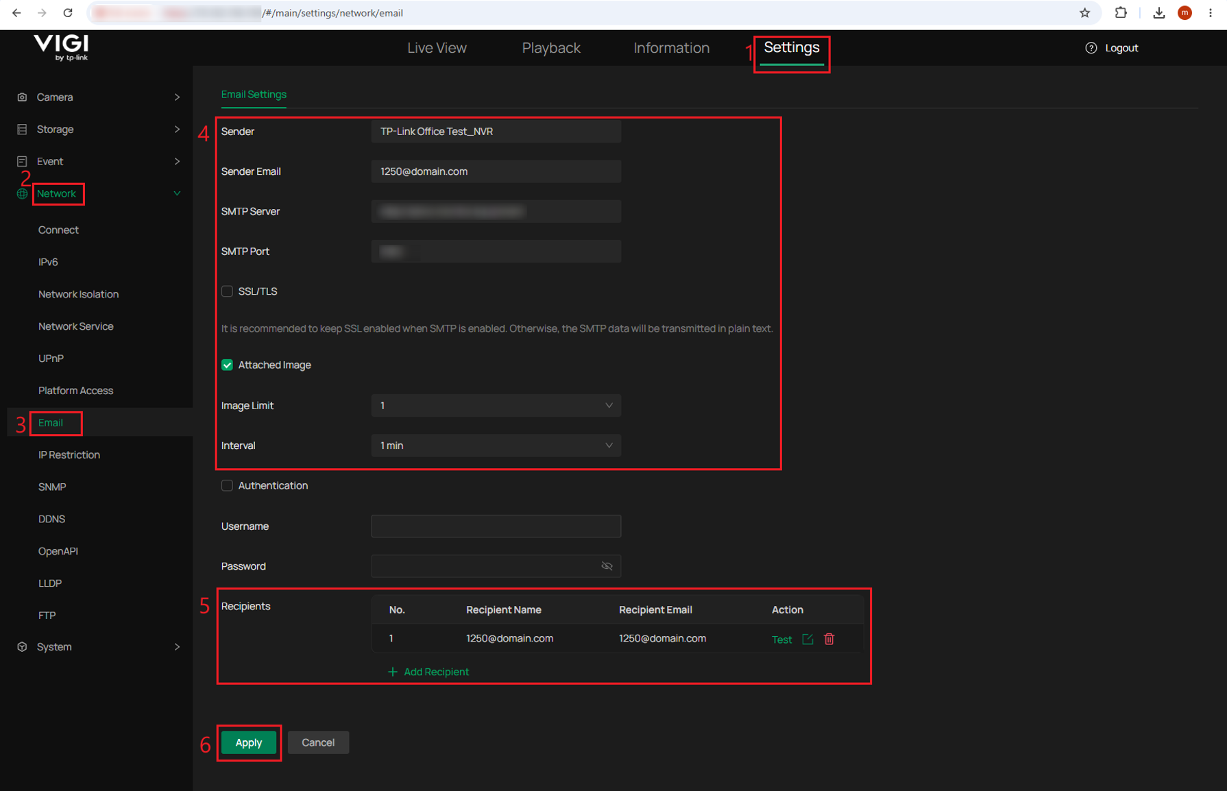 VIGI NVR Email Settings page showing SMTP, sender email, attached image, recipient, Test, and Apply.