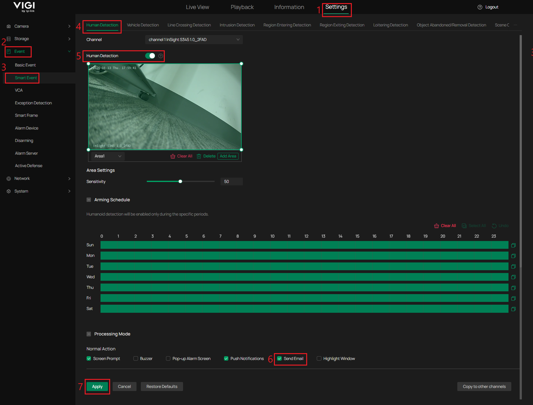 VIGI NVR Human Detection page with a channel selected and Send Email enabled under Processing Mode.