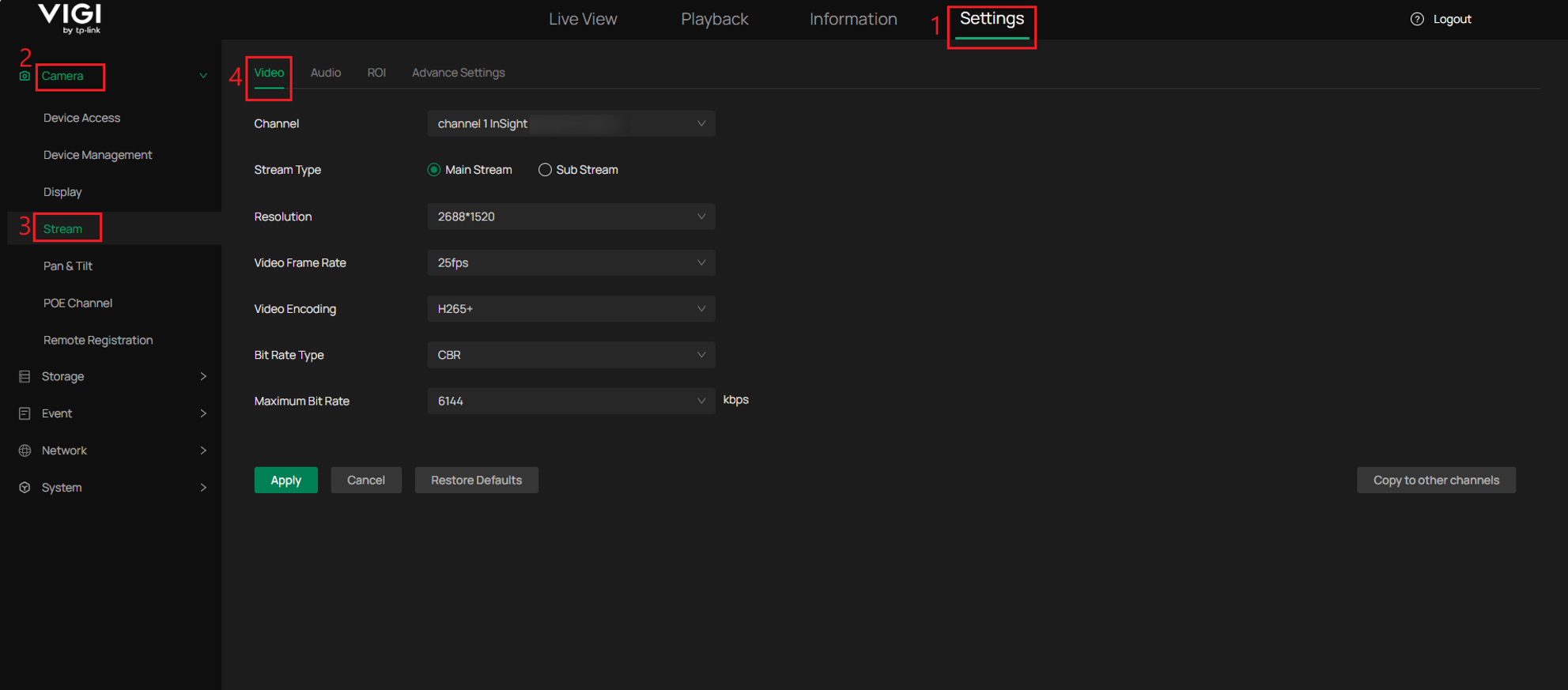 VIGI NVR stream settings page showing Main Stream and Sub Stream configuration.