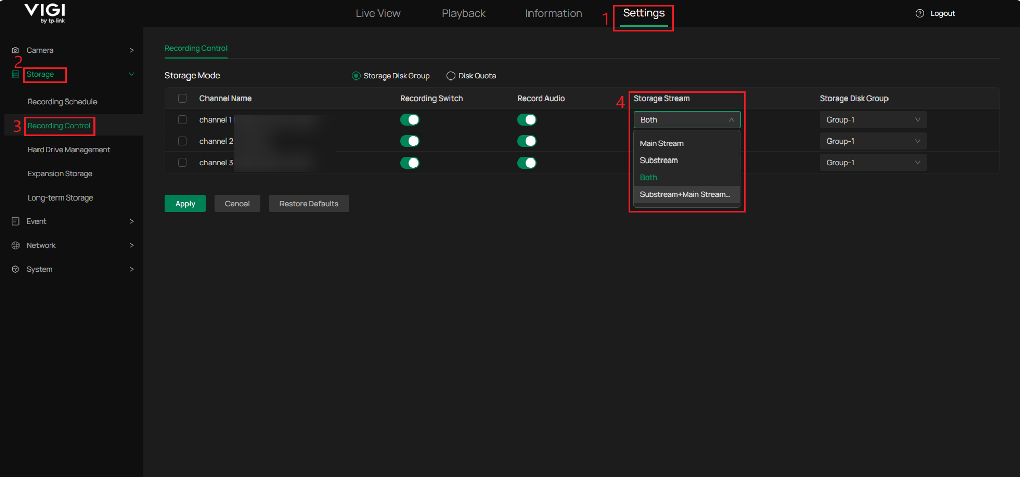 Alt text: VIGI NVR Recording Control page showing channels configured to record the Main Stream.
