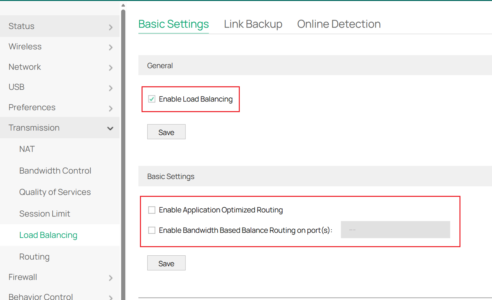 Standalone mode load balancing settings with Load Balancing enabled and Application Optimized Routing disabled.