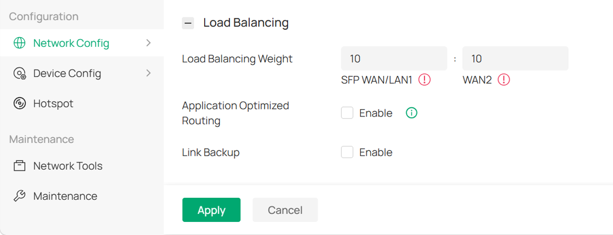 Configurações de balanceamento de carga no modo Controlador com Roteamento Otimizado para Aplicativos desativado.