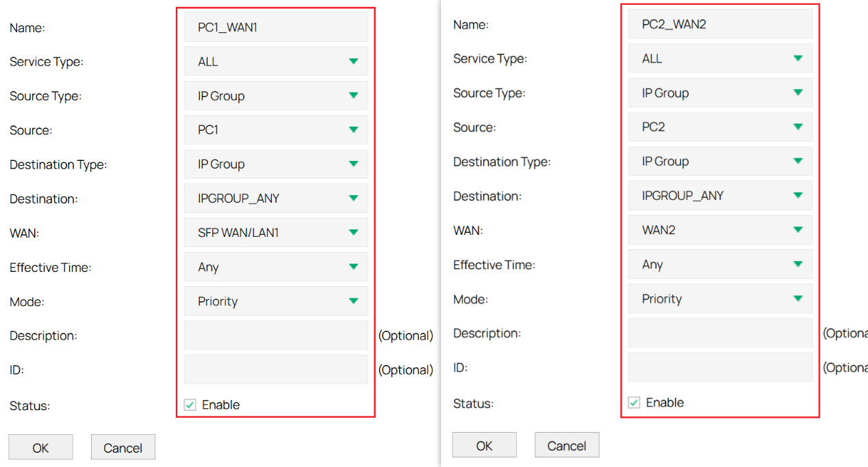 Standalone mode setting up policy routing for traffic from two PCs.