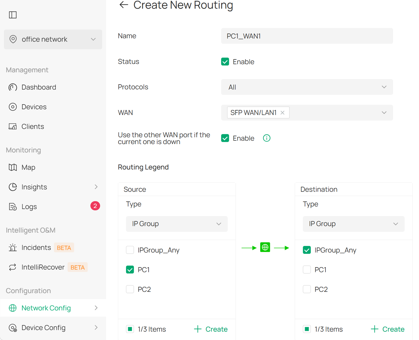 Controller mode configuring policy routing for PC1.