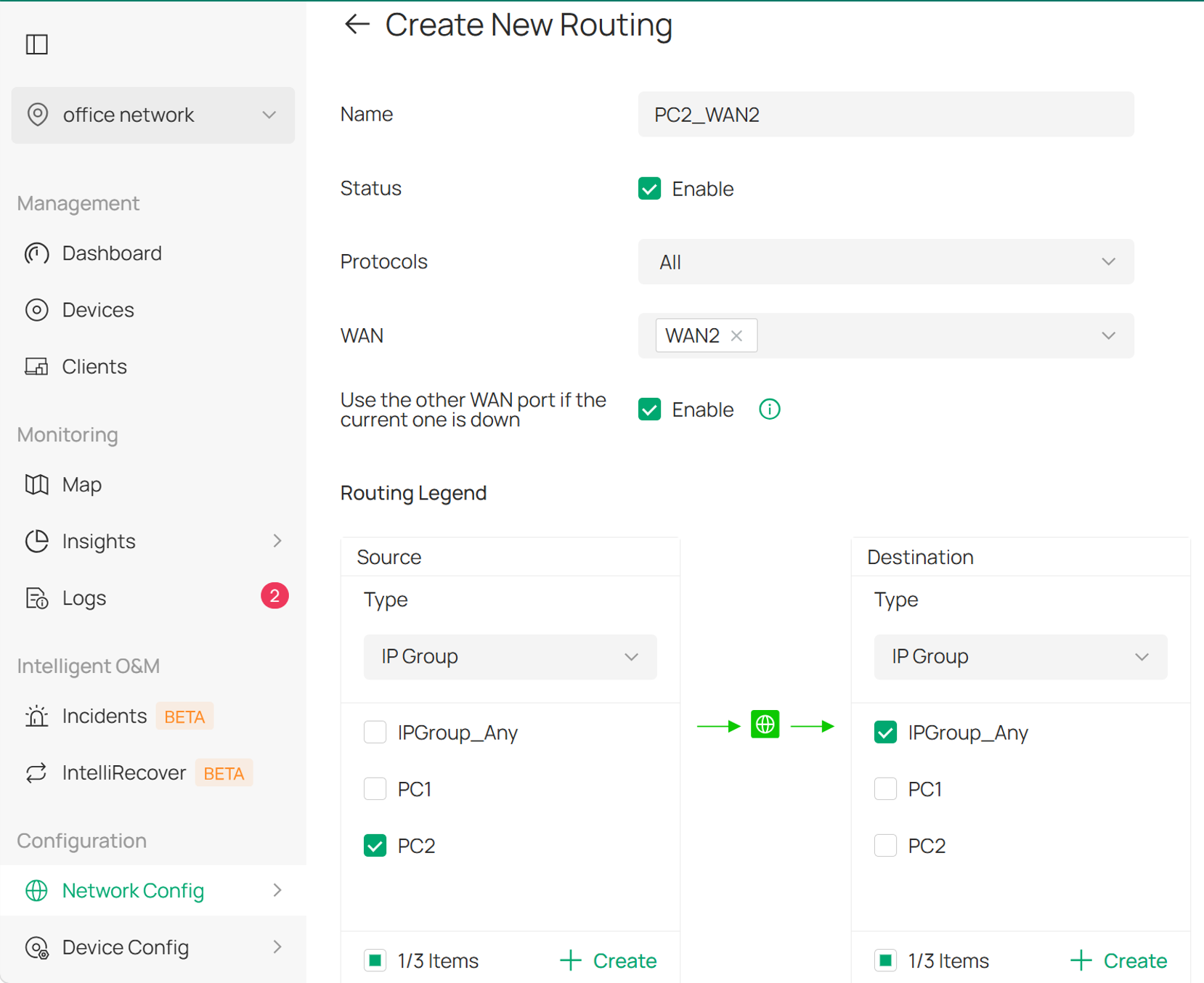 Controller mode configuring policy routing for PC2.
