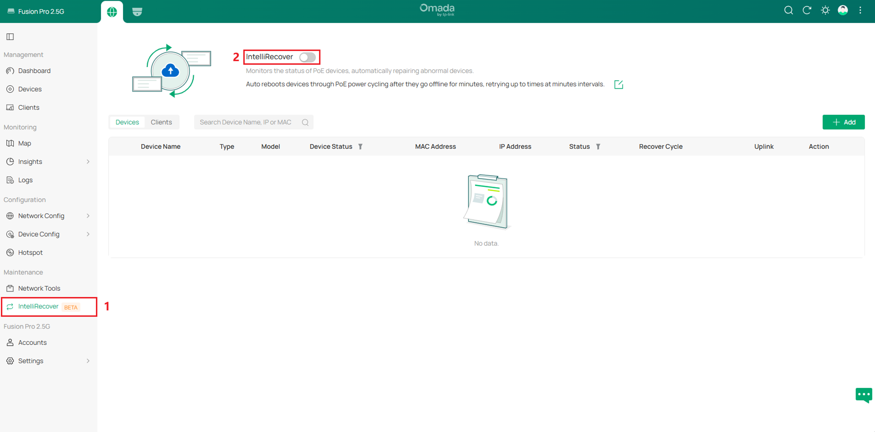 IntelliRecover page showing the Enable button under Maintenance > IntelliRecover