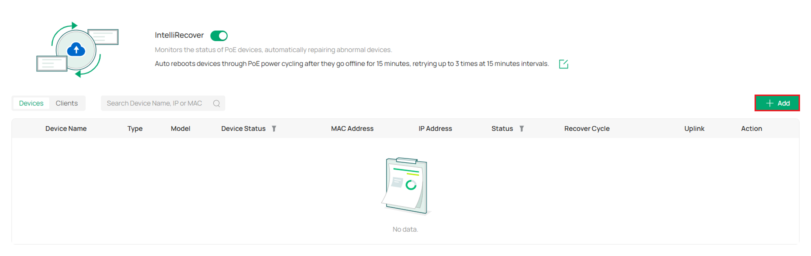 IntelliRecover page showing the Add button for adding monitored devices