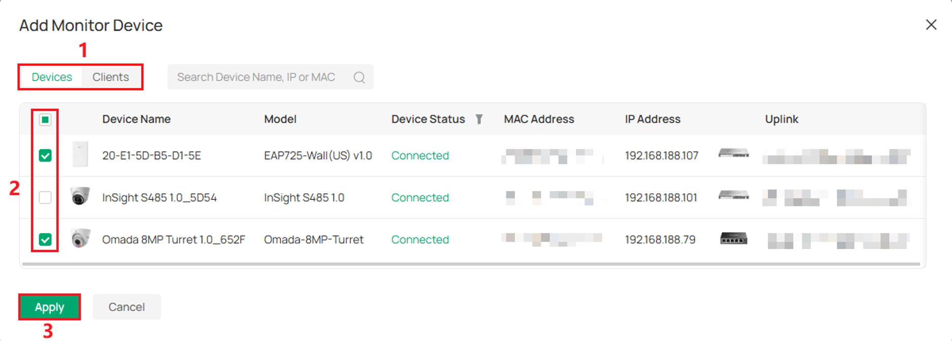 Add Monitor Device window for selecting PoE-powered devices or clients to monitor