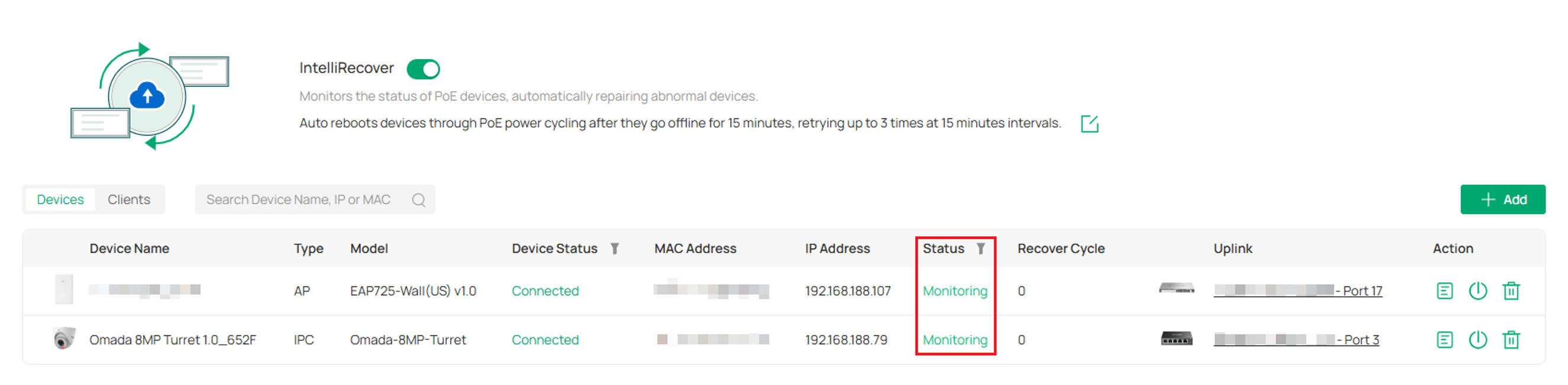 IntelliRecover page showing the operating and recovery status of monitored devices