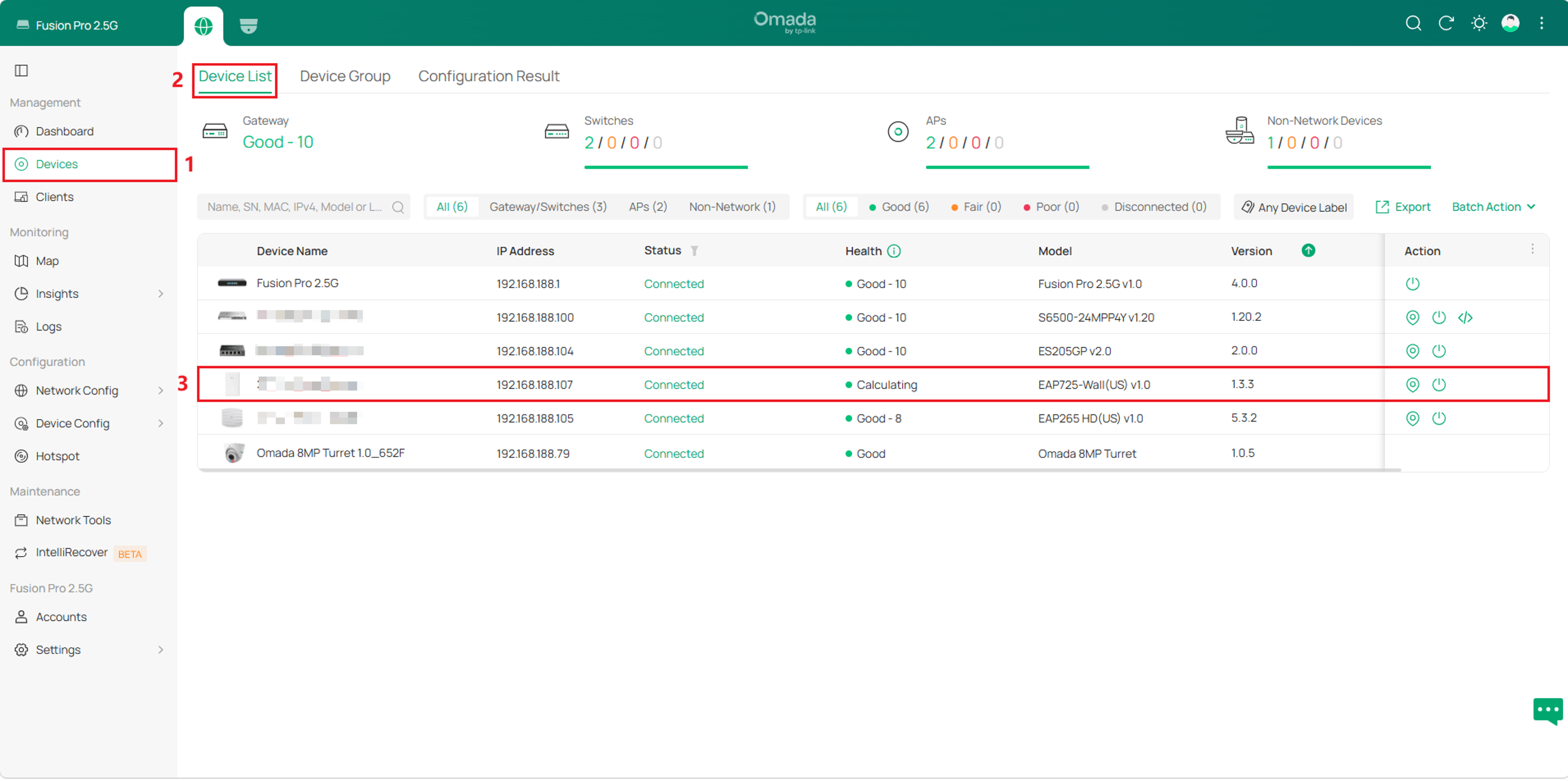 Device List showing the target device selected for private configuration