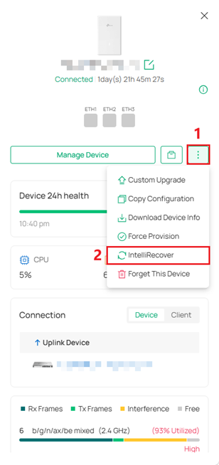 Device action menu showing the IntelliRecover option
