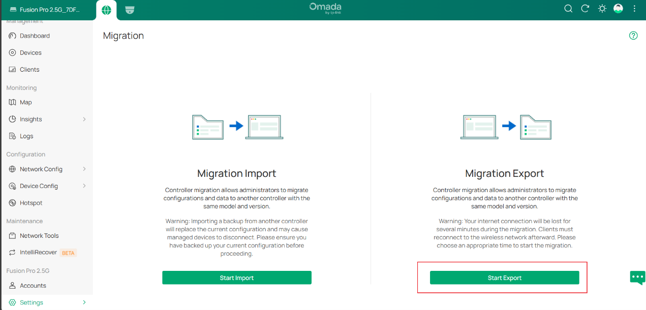 Controller Migration page showing Migration Export and Start Export button.