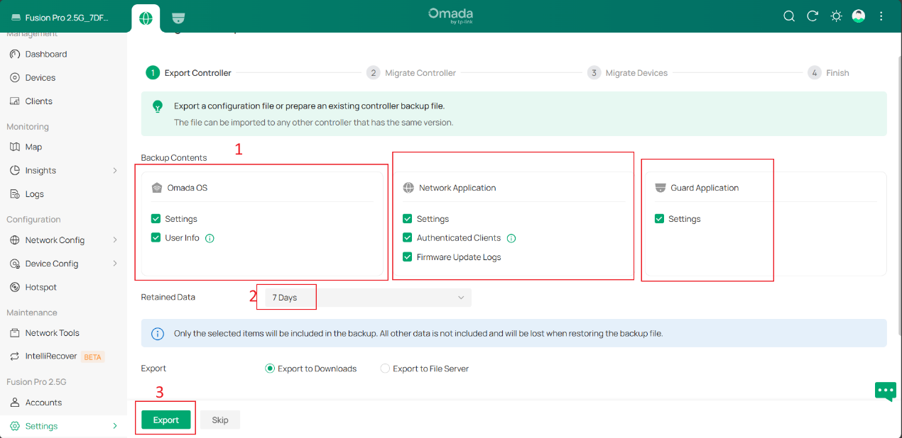 Migration Export page showing backup content options, retained data period, and Export button.