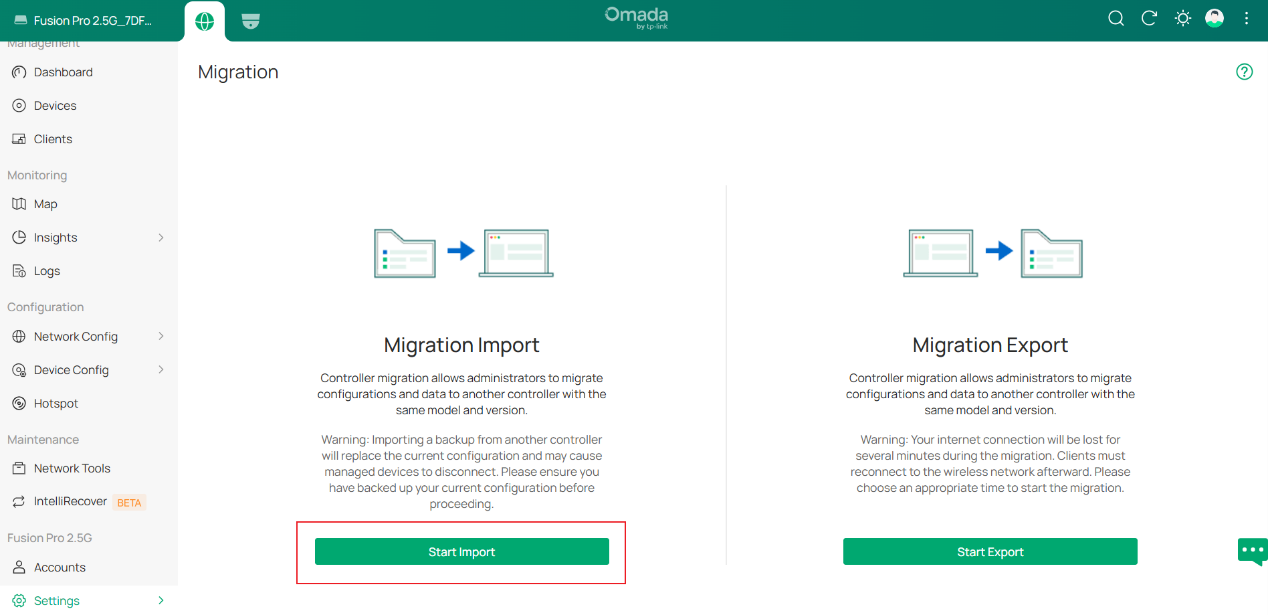 Controller Migration page showing Migration Import and Start Import button.