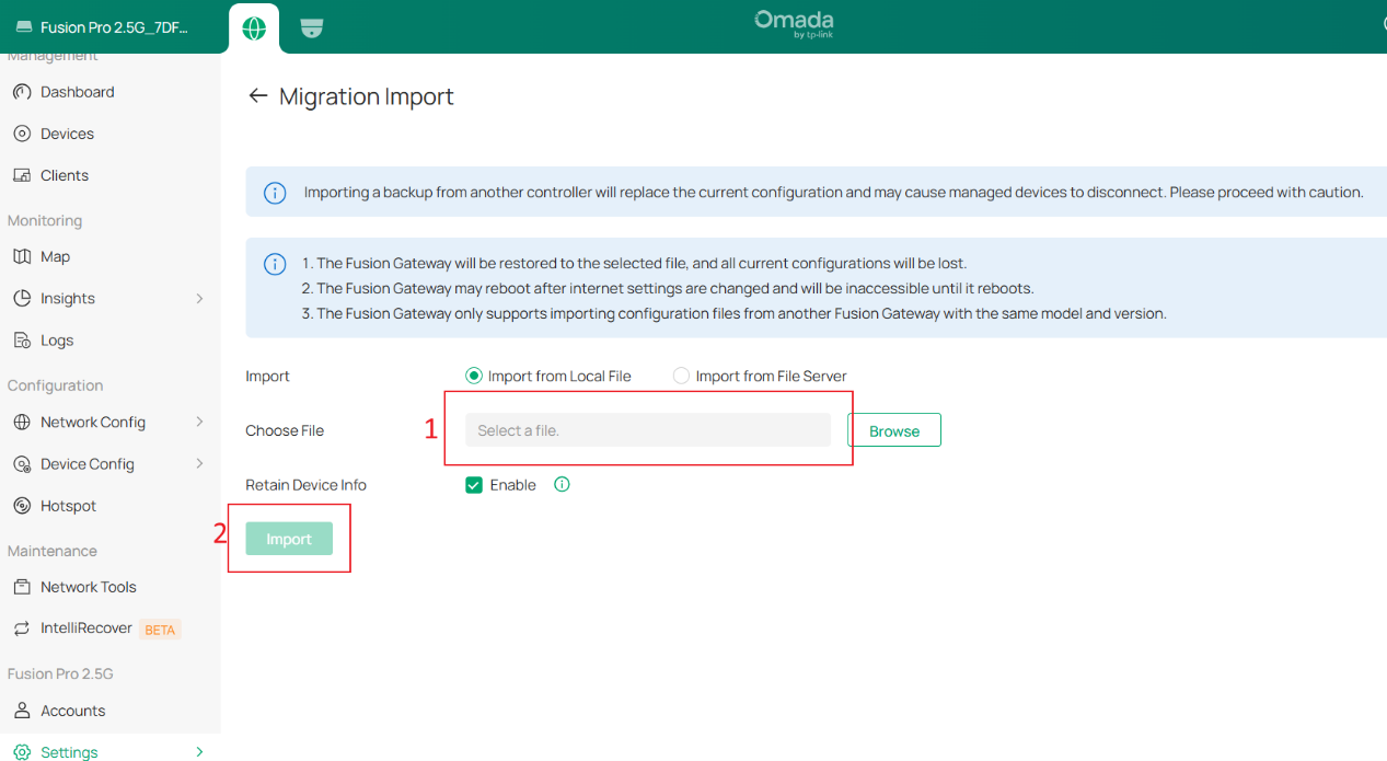 Migrate Controller step showing instructions to upload the exported migration backup file.